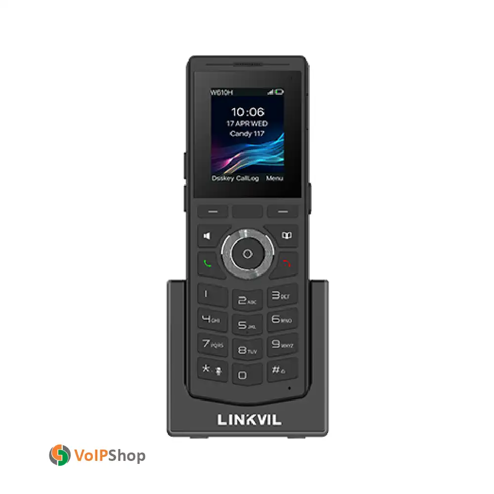 گوشی بیسیم تحت شبکه Fanvil W610H با نمایشگر رنگی ، نمای پشت تلفن بیسیم فنویل W610H و گیره کمربند ، تلفن پرتابل Linkvil W610H مجهز به وای فای ۶